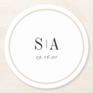 Sophisticated monogram black and white minimalist round paper coaster