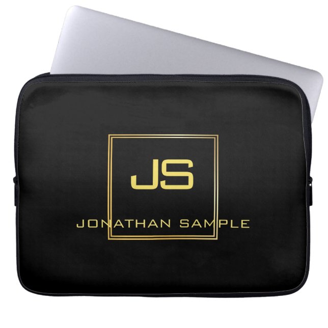 Sophisticated Monogram Black Gold Template Laptop Laptop Sleeve (Front)