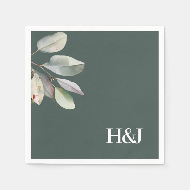 Sophisticated monogram eucalyptus leaves  napkins (Front)