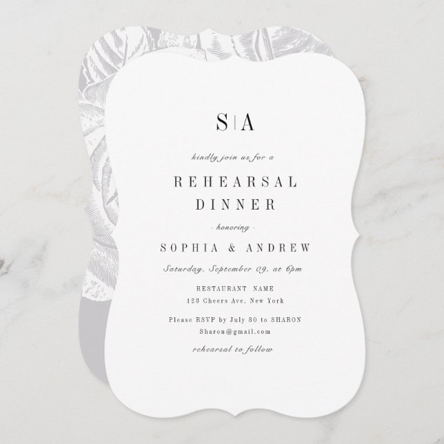 Sophisticated monogram minimalist Rehearsal Dinner Invitation (Front/Back)
