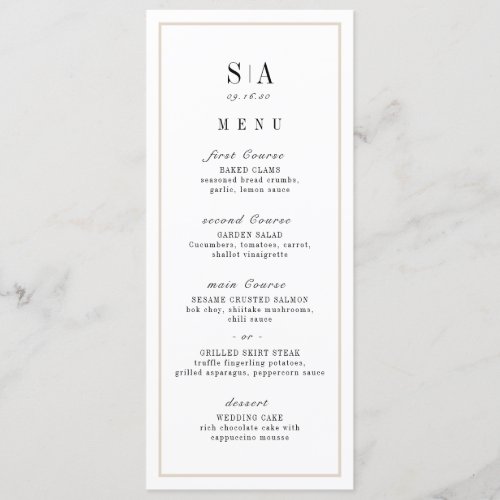 Sophisticated monogram minimalist wedding menu