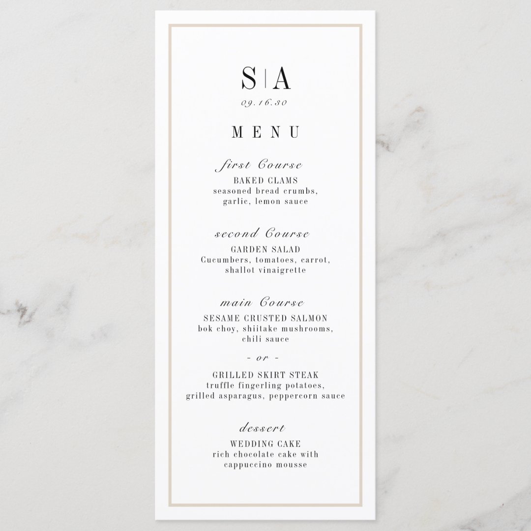 Sophisticated monogram minimalist wedding menu | Zazzle