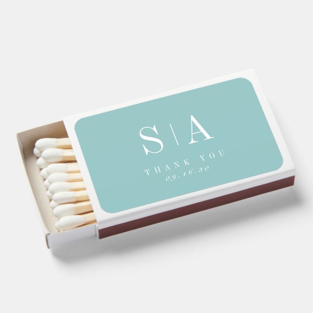 Sophisticated monogram ocean blue wedding favor matchboxes (Front Open)