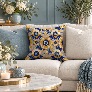 Sophisticated Mustard Blue Floral Accent Cushion