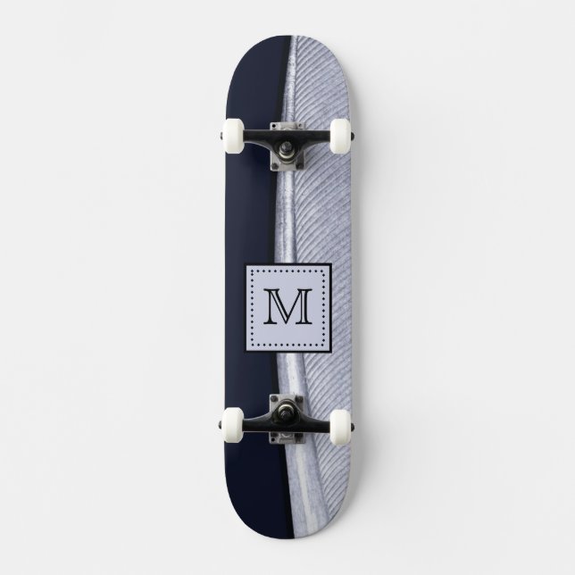 Sophisticated Navy and Silver Feather Monogram Skateboard Deck (Front)