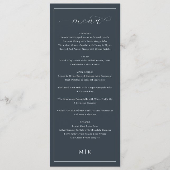 Sophisticated Navy Blue Elegant Wedding Menu (Front)