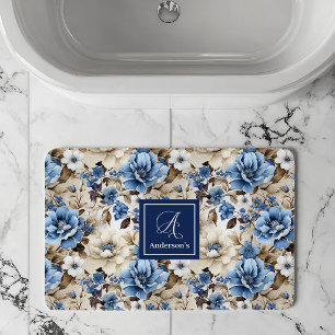 Sophisticated Navy Blue Flowers Personalized Bath Mat