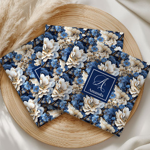 Sophisticated Navy Blue Flowers Personalized Cloth Napkin