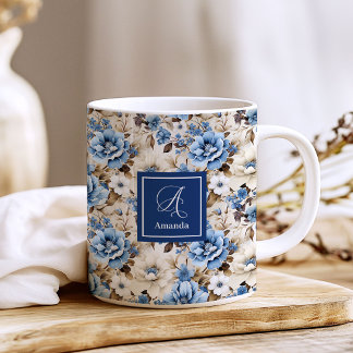 Sophisticated Navy Blue Flowers Personalized Coffee Mug