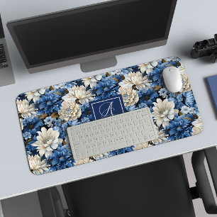 Sophisticated Navy Blue Flowers Personalized Desk  Mat