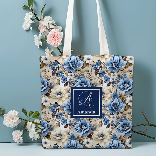 Sophisticated Navy Blue Flowers Personalized Tote  Bag (Sophisticated Navy Blue Flowers Personalized Tote Bag)