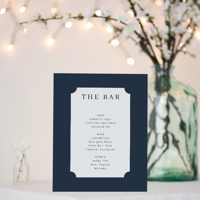 Sophisticated Navy Blue Minimalist Bar Menu Foam Board (In Situ (Wedding))