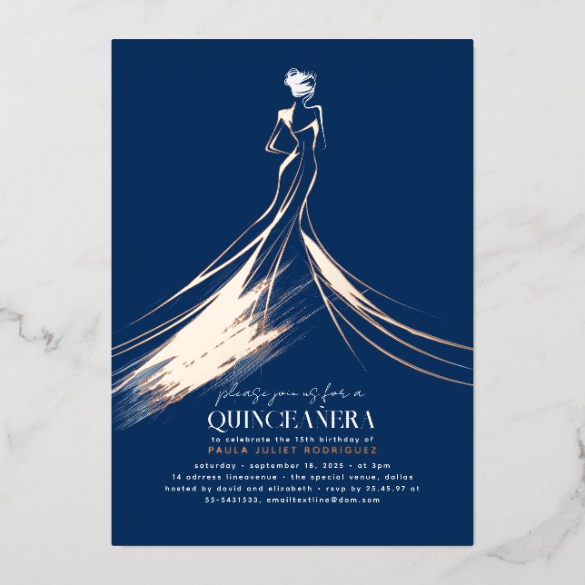 Sophisticated Navy Blue & Rose Gold Quinceanera Foil Invitation (Front)