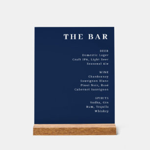 Sophisticated Navy Blue Typographic Bar Menu Acrylic Sign