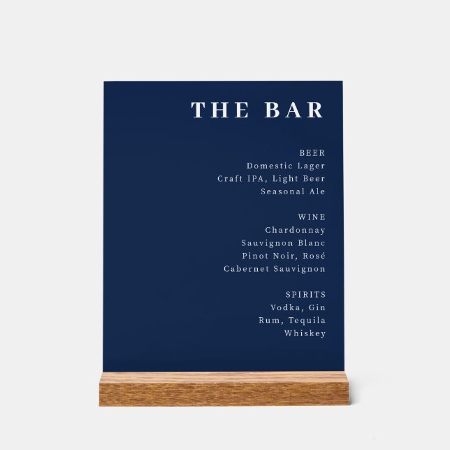 Sophisticated Navy Blue Typographic Bar Menu Acrylic Sign (Front)