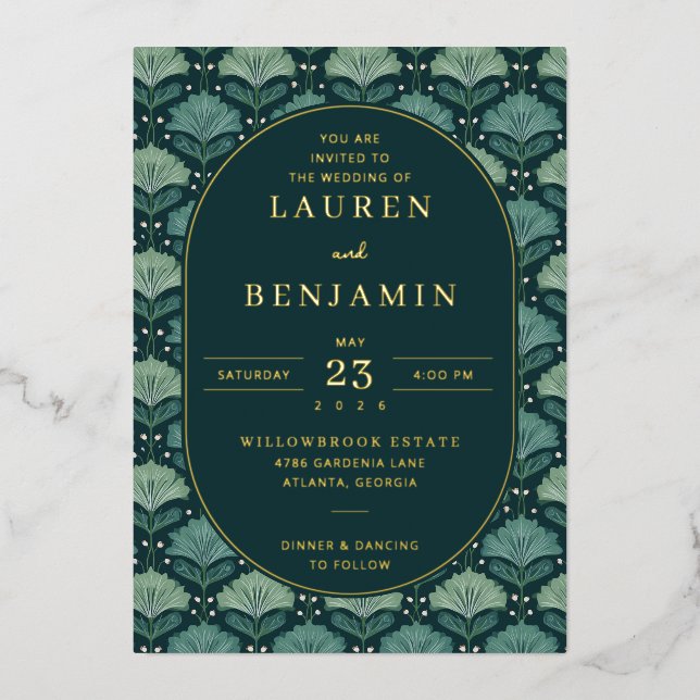 Sophisticated Navy Botanical Leaf Foil Invitation (Front)