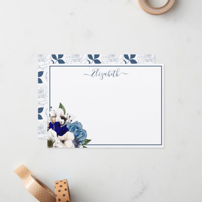 Sophisticated Navy Dusty Blue Floral Personalized Note Card (Front/Back In Situ)