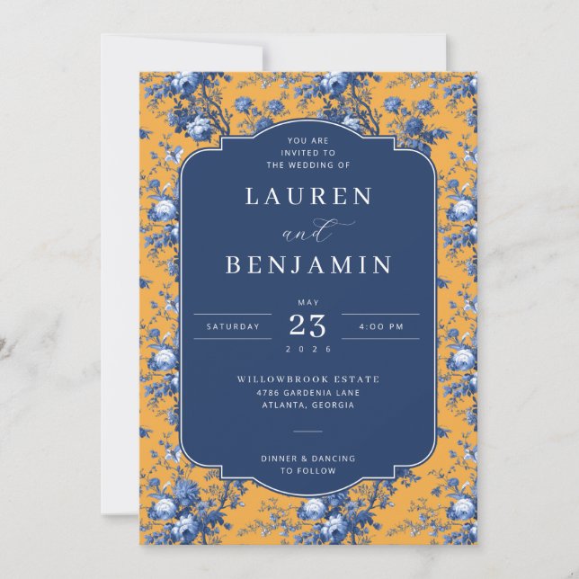 Sophisticated Navy Floral Wedding Invitation (Front)