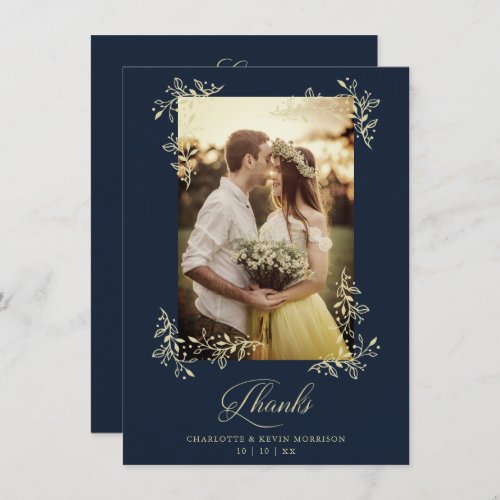 Sophisticated Navy Flourish Photo Wedding Thanks Thank You Card