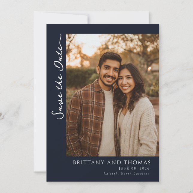 Sophisticated Navy Minimalist Photo Save The Date (Front)