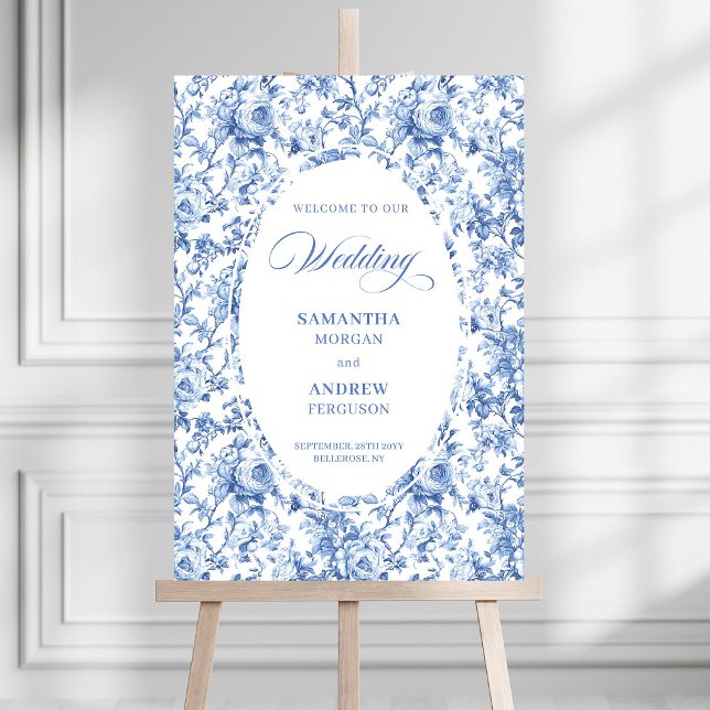 Sophisticated Navy Rose Toile Wedding Welcome Sign (Sophisticated Navy Rose Toile Wedding Welcome Sign)
