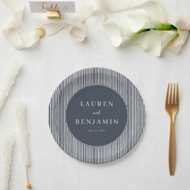 Sophisticated Navy Striped Minimalist Paper Plates (Wedding)