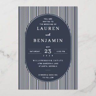 Sophisticated Navy Striped Wedding Invitation Foil Invitation