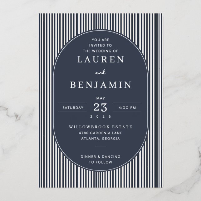 Sophisticated Navy Striped Wedding Invitation Foil Invitation (Front)