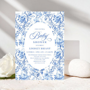 Sophisticated Navy Toile Rose Baby Shower Invite