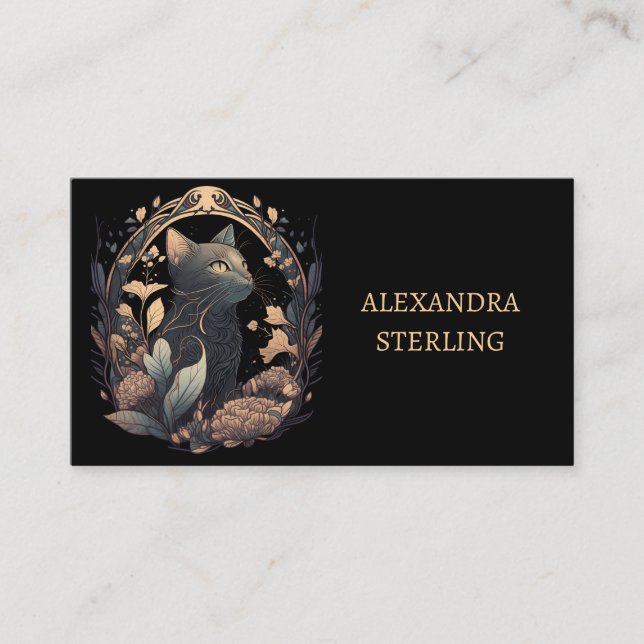 Sophisticated Noir Art Nouveau Cat Personalized Business Card (Front)