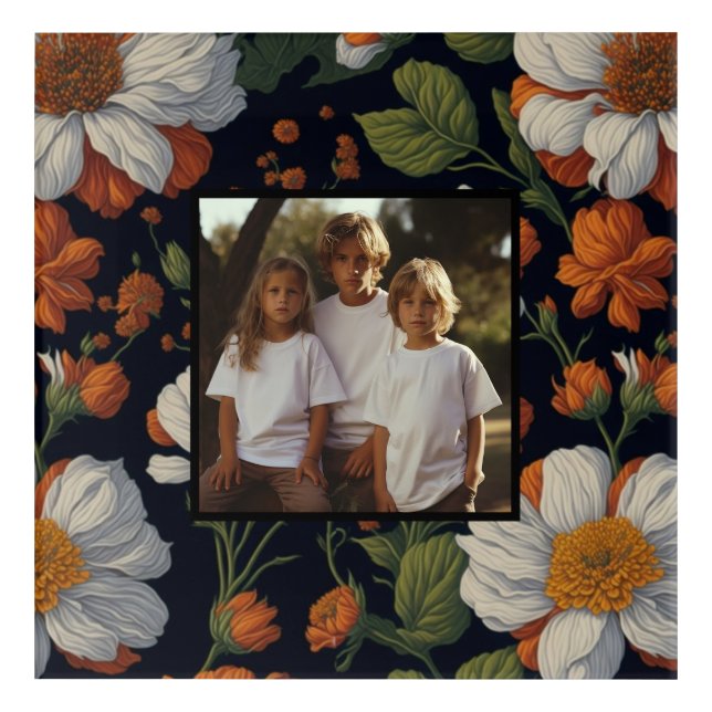 Sophisticated Orange white elegant retro floral Acrylic Print (Front)