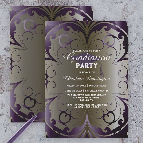 Sophisticated Ornate Deep Purple Graduation Party Invitation