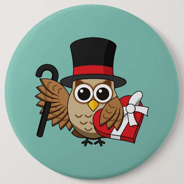 Sophisticated Owl with Heart Chocolate Box Button (Front)