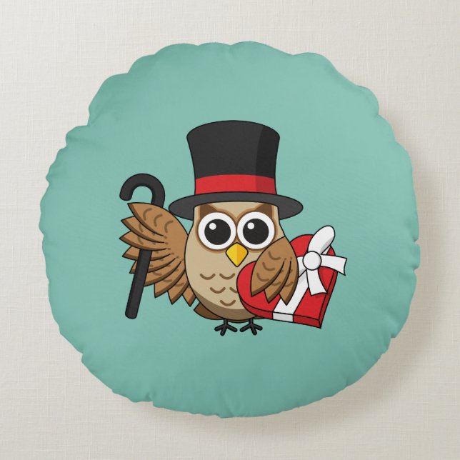 Sophisticated Owl with Heart Chocolate Box Round Pillow (Front)