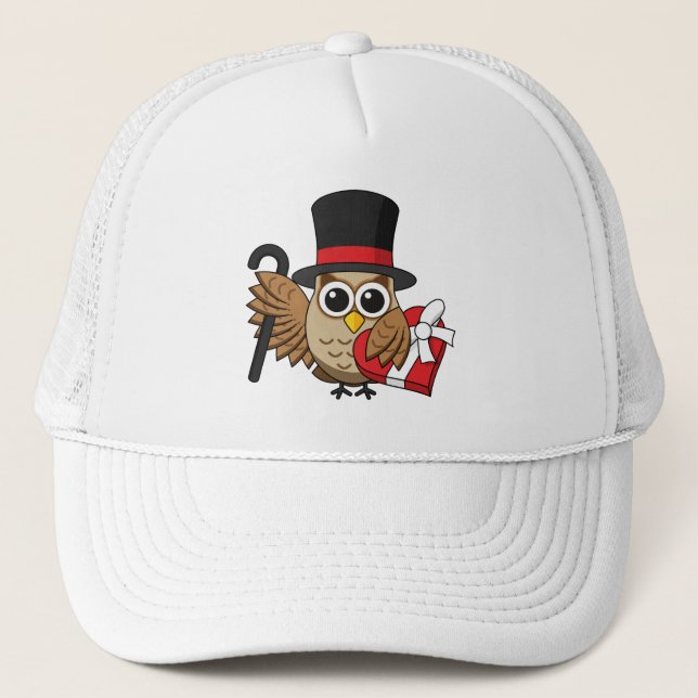 Sophisticated Owl with Heart Chocolate Box Trucker Hat (Front)