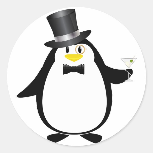 Sophisticated Penguin with Martini Classic Round Sticker (Front)