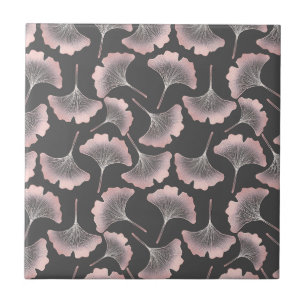 Sophisticated Pink Line Art Ginkgo on Dark Canvas Ceramic Tile