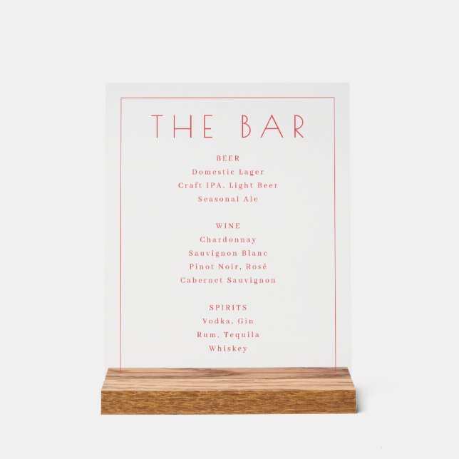 Sophisticated Pink Minimalist Bar Menu Acrylic Sign (Front)