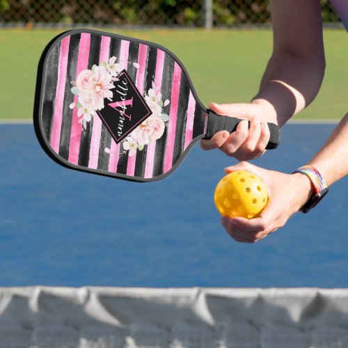 Sophisticated Pink Stripes Floral Monogram  Pickleball Paddle