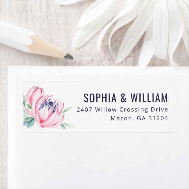 Sophisticated Pink Watercolor Protea Label (Insitu)