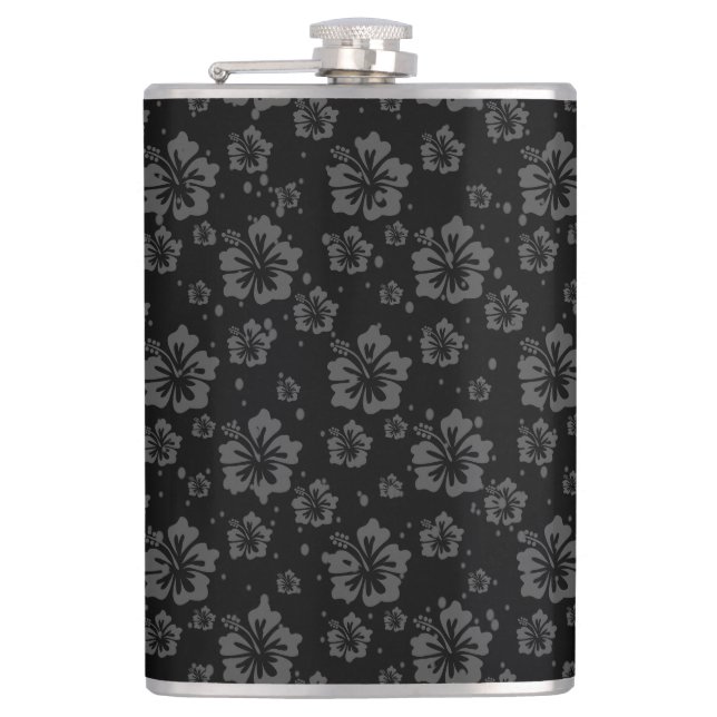 Sophisticated Plain Black Muted Floral  Flask (Front)