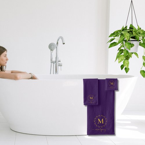 Sophisticated Purple Gold Wreath Monogram Bath Towel Set