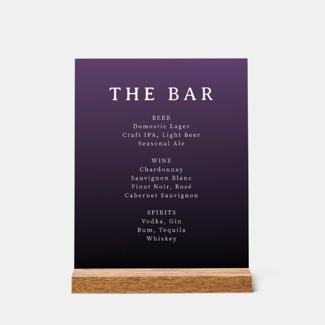Sophisticated Purple Gradient Bar Menu Acrylic Sign (Front)