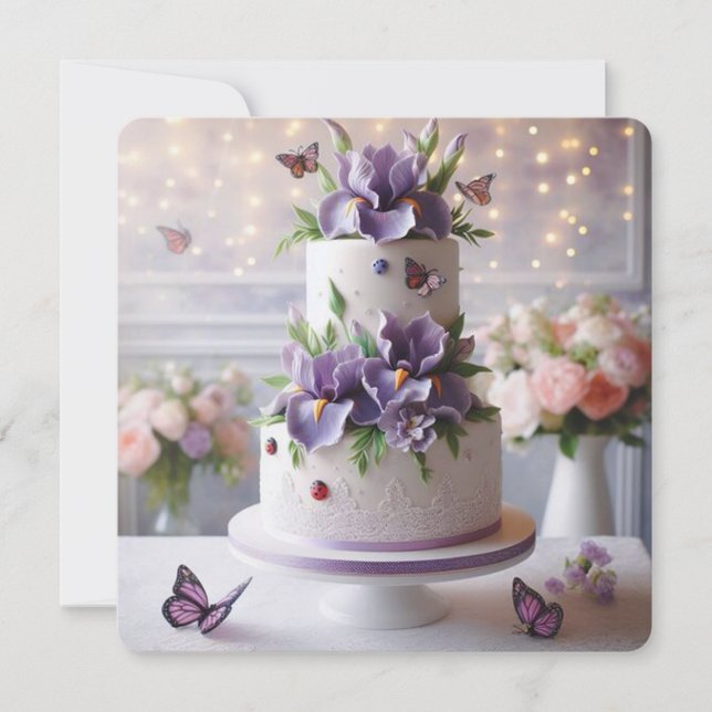 SOPHISTICATED PURPLE IRIS THEMED BIRTHDAY CAKE CARD (Front)