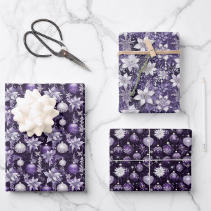Sophisticated Purple & Silver Christmas Pattern Wrapping Paper Sheets