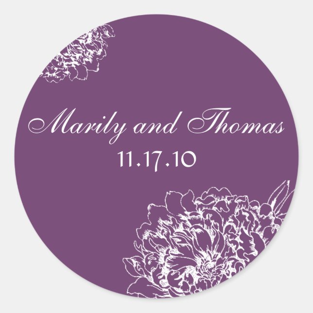 Sophisticated Purple White Floral Wedding Favor Classic Round Sticker (Front)