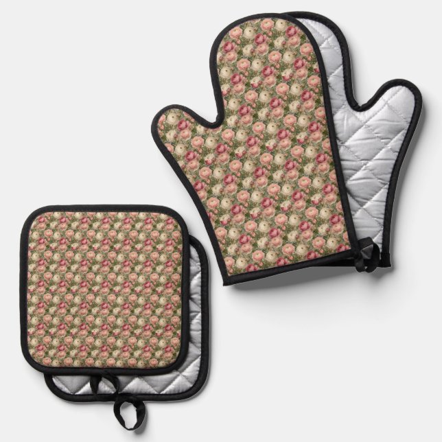 Sophisticated Ranunculus Floral Print Oven Mitt & Pot Holder Set (Front/Back)