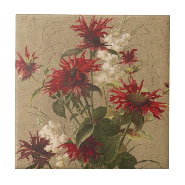 Sophisticated Red & Burgundy Floral Against Beige Ceramic Tile (Front)