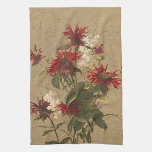 Sophisticated Red & Burgundy Floral Against Beige Kitchen Towel