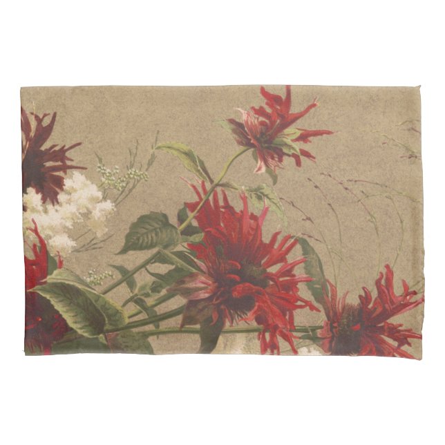 Sophisticated Red & Burgundy Floral Against Beige Pillow Case (Front)